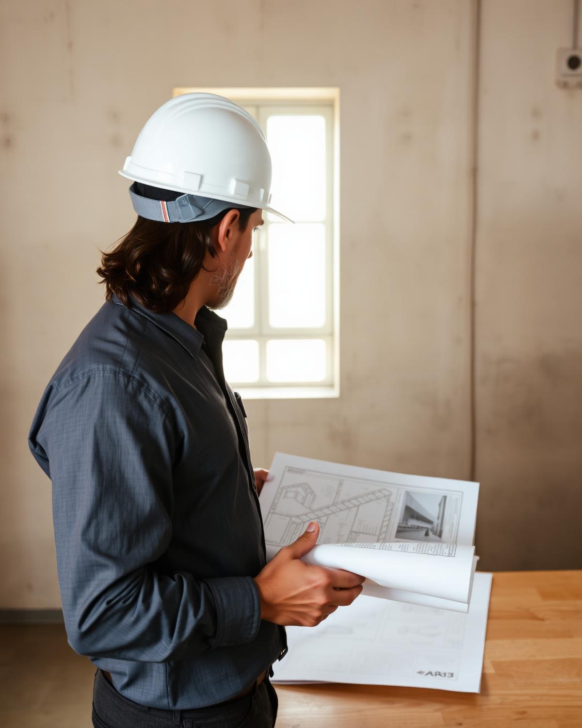 Construction professional reviewing architectural drawings on site